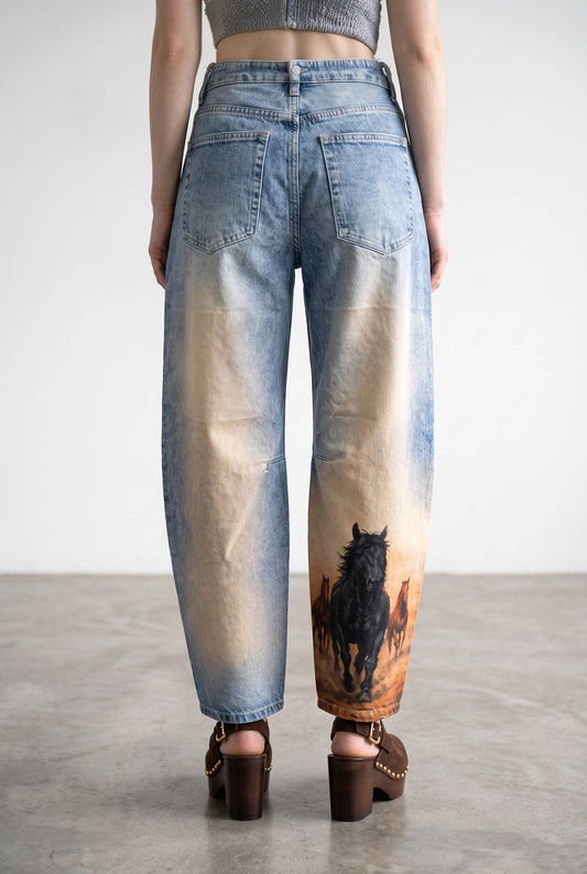 60213P Horse Printed Barrel Leg Denim Pants