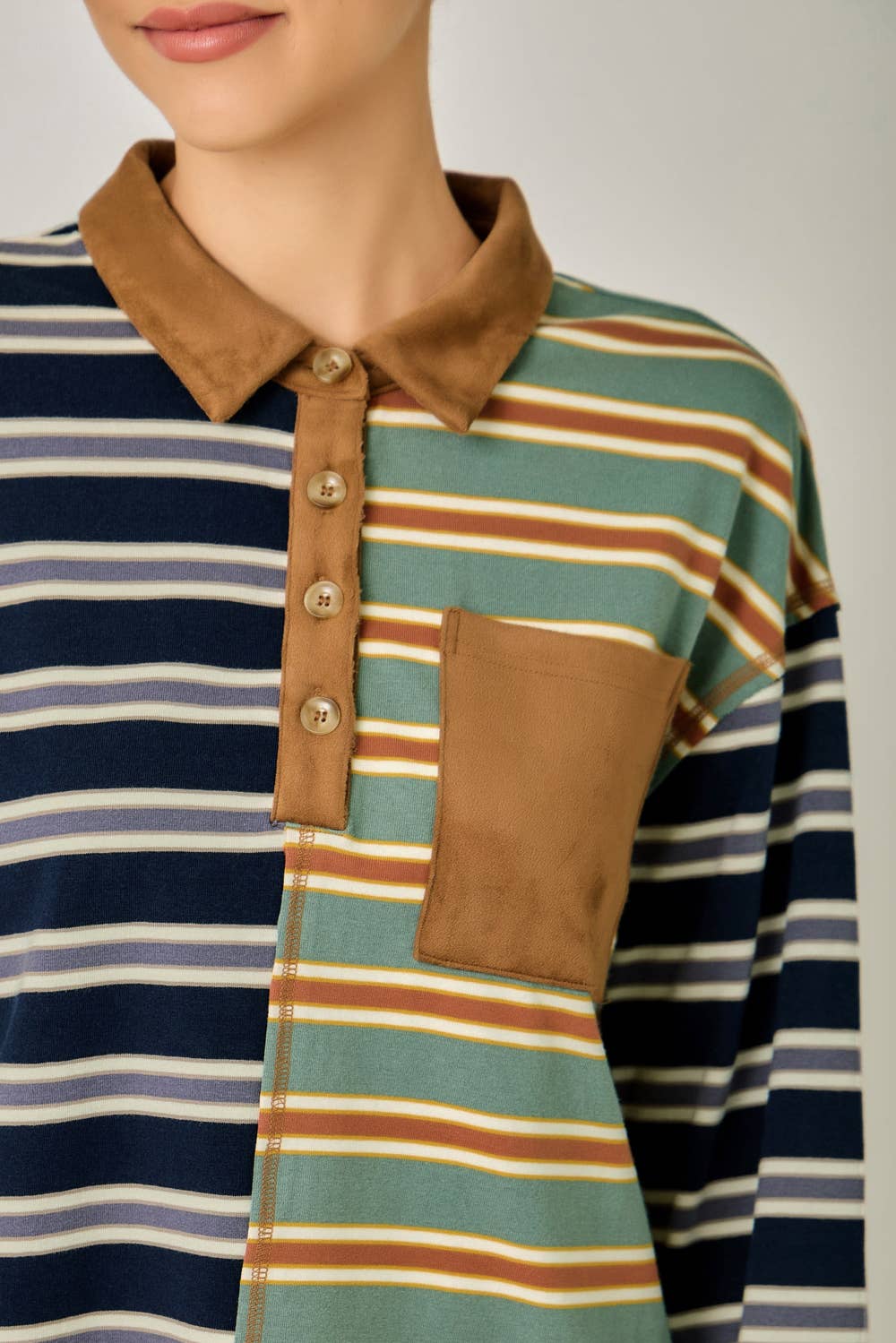 Mixed Stripe Suede Accent Polo Pullover