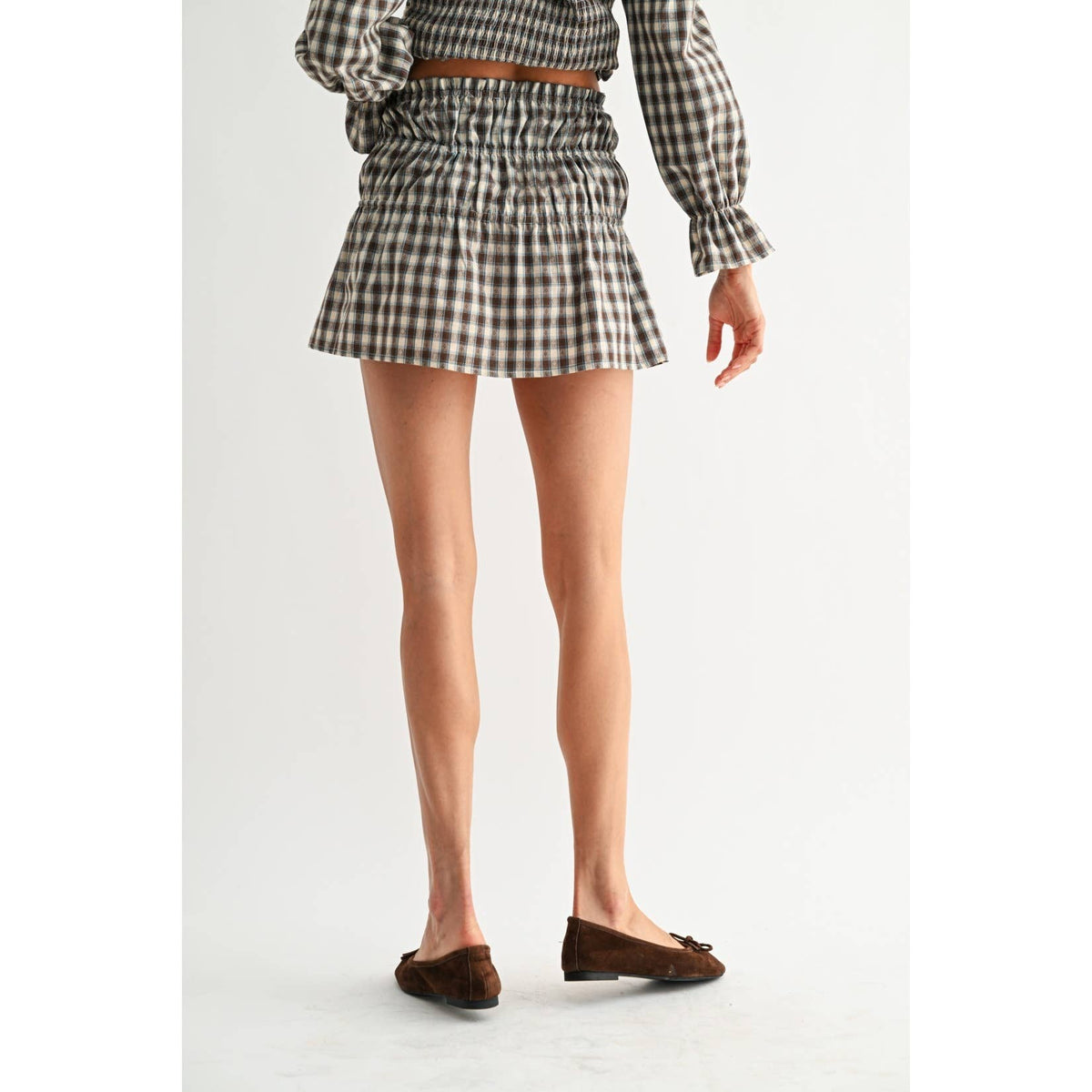 PLAID TWO-PIECE SET WITH SMOCKED TOP RUFFLED SKIRT
