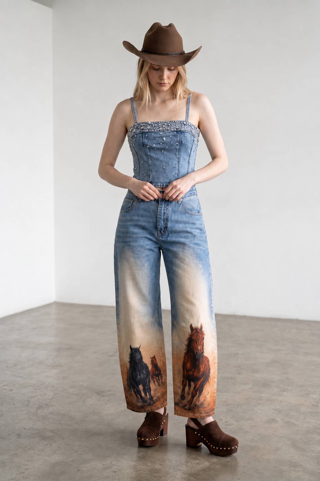 60213P Horse Printed Barrel Leg Denim Pants