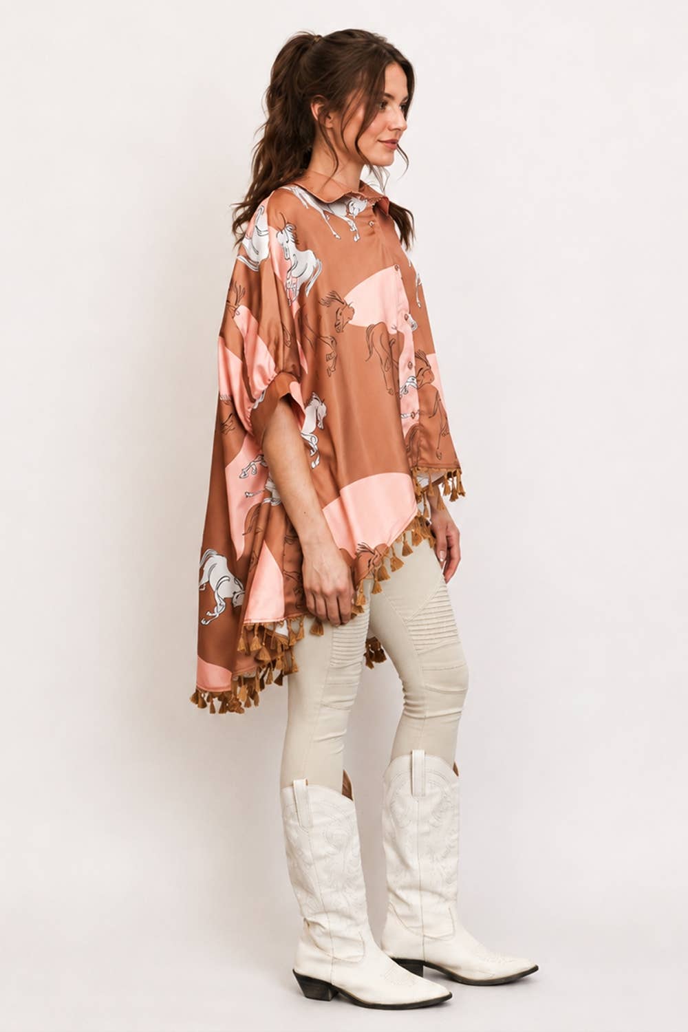 Horse Printed Hi-Low Tasseled Hem Shirt