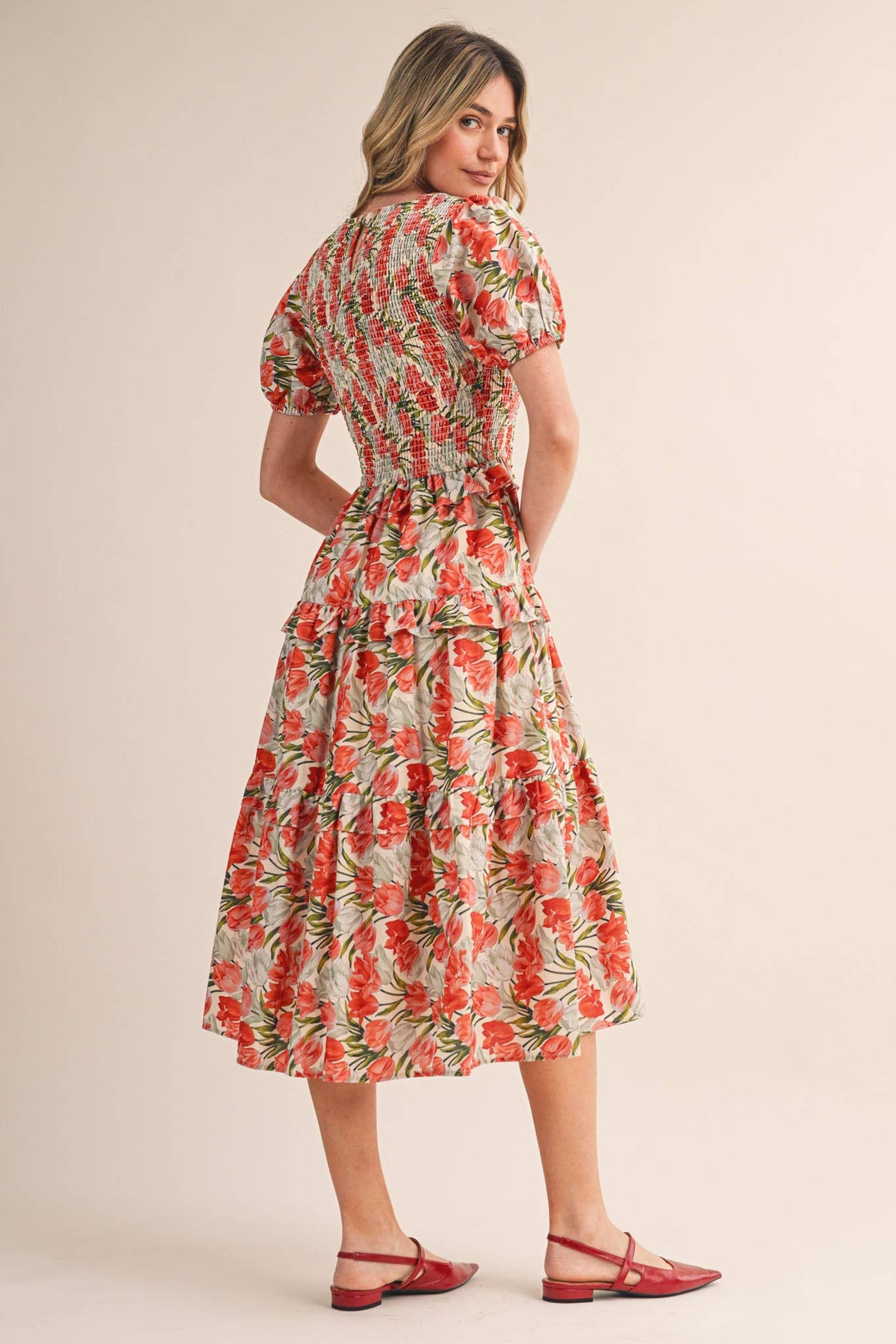 FLORAL SMOCKED BODICE MIDI DRESS MDR4545