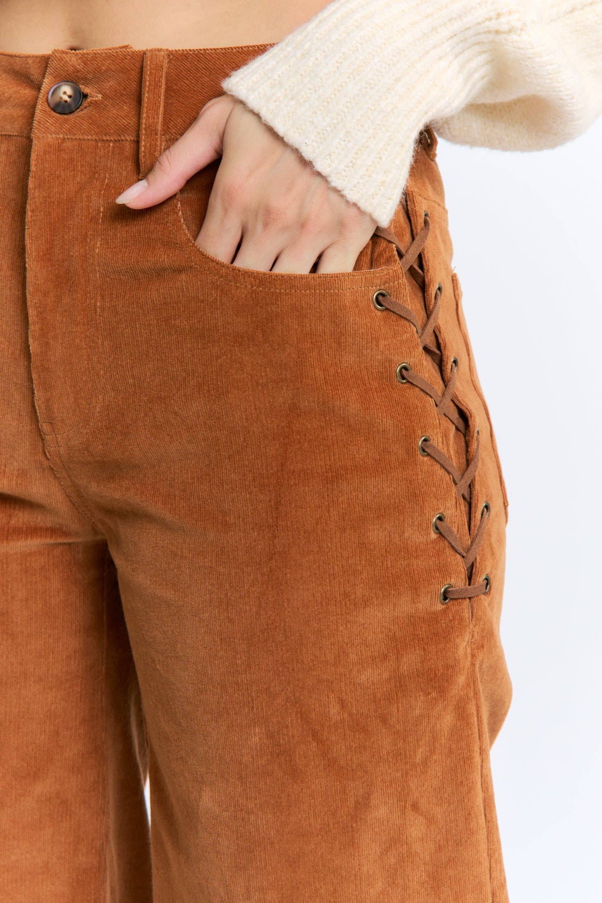 Wide Leg Corduroy Pants Side Lace-Up
