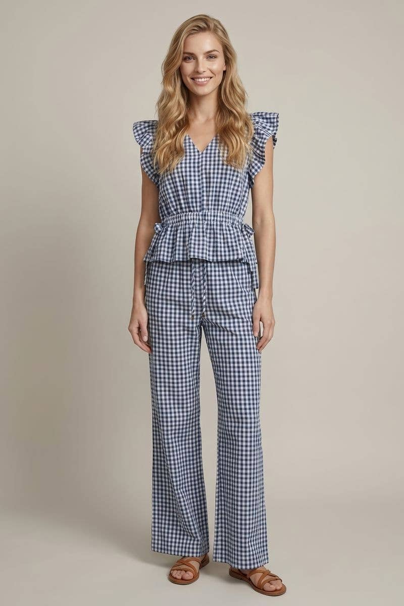 BLUE GINGHAM WIDE LEG PANT