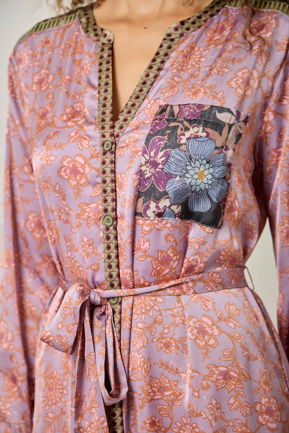Autumn Mixed Print Satin Midi Shirt Dress