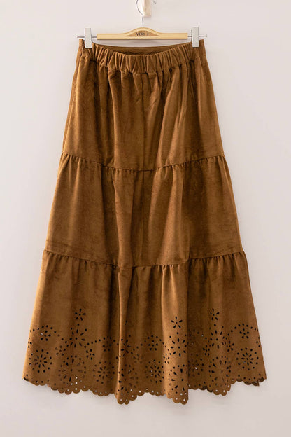 NS50217-Faux Suede Tiered Midi Skirt