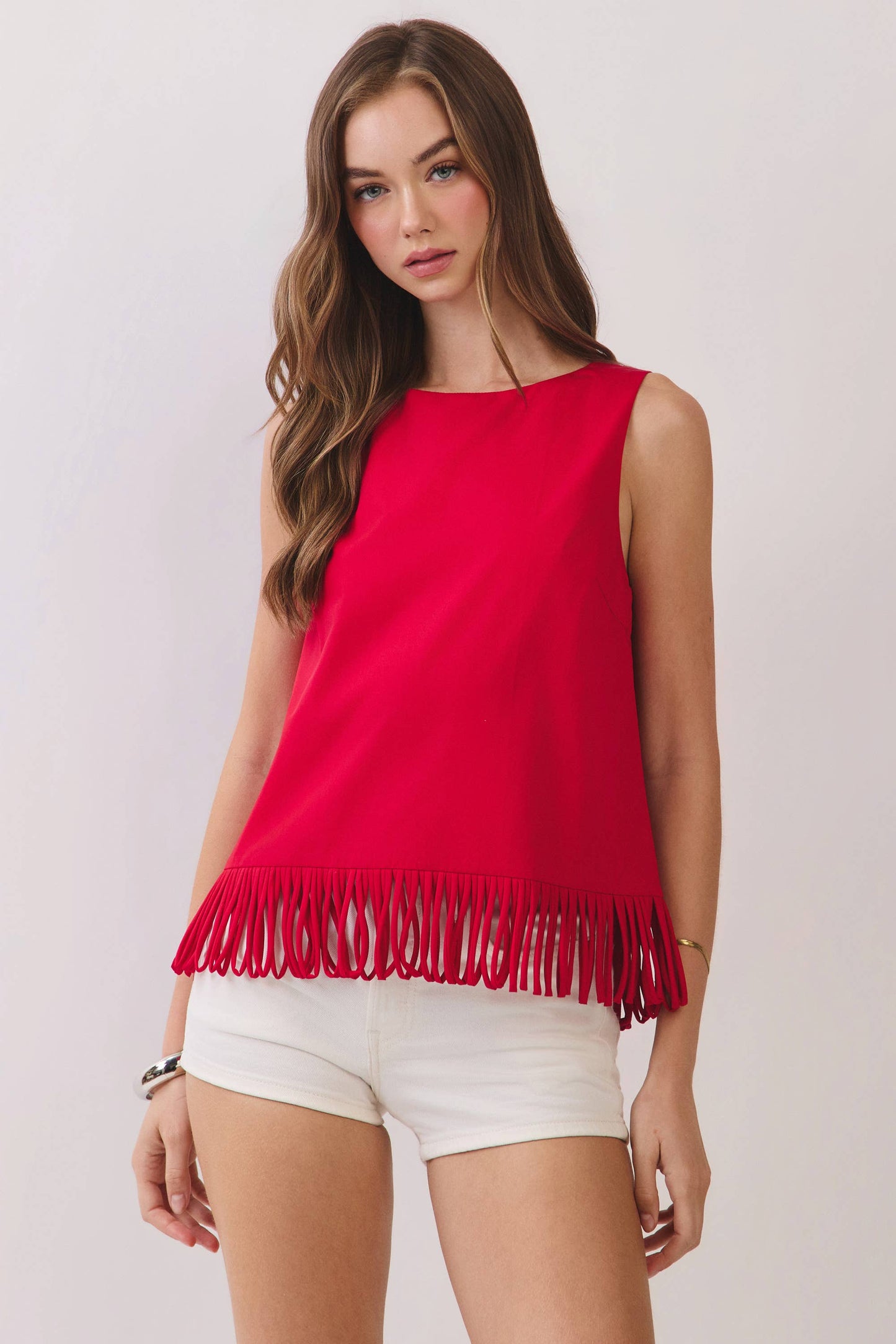 CT10040-Fringe Hem Sleeveless Top