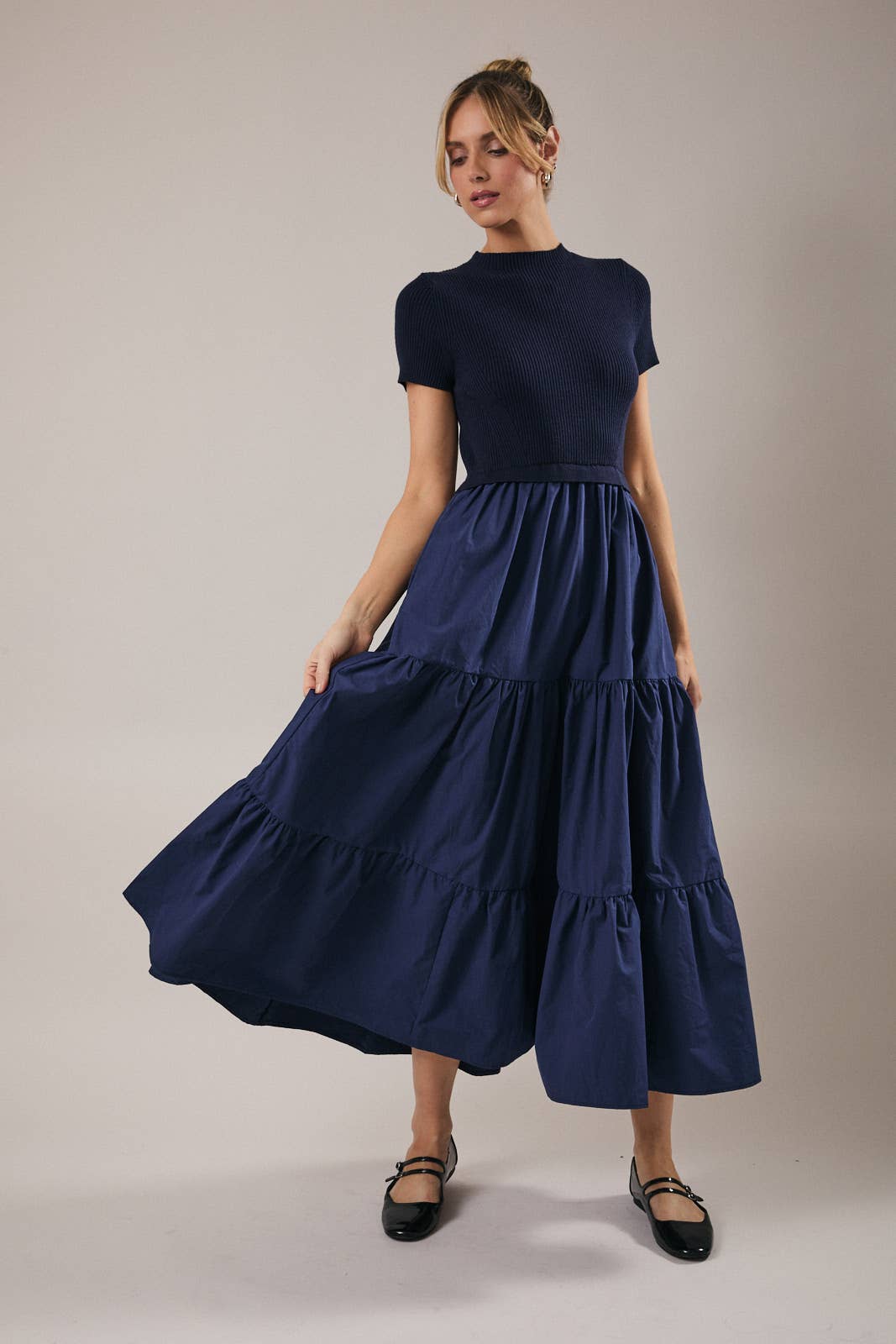 MOCK NECK SHORT SLEEVE KNIT & WOVEN MIX TIERED MIDI DRESS