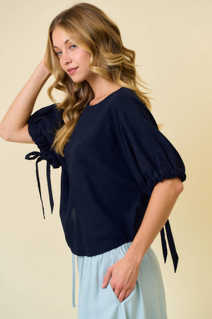 LINEN BLEND SLEEVE TIE DETAIL TOP