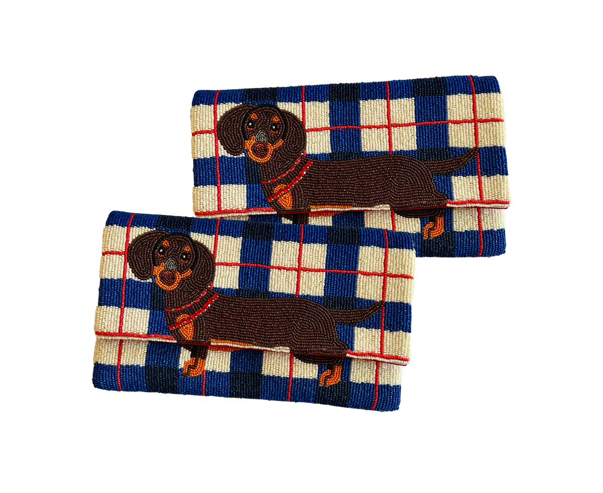Dachshund Clutch Crossbody Plaid Beaded Bag