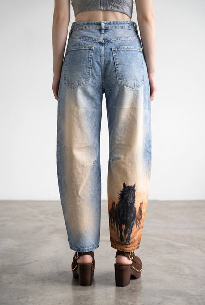 60213P Horse Printed Barrel Leg Denim Pants