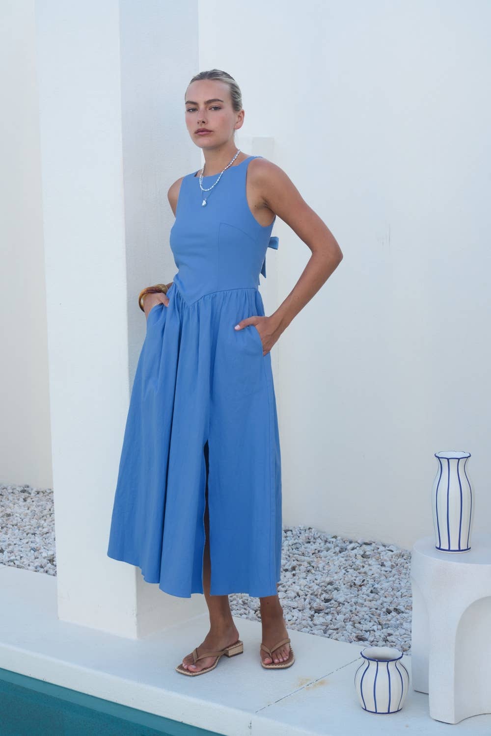 DDZ0602-28 | Blue Open Back Tie Midi Dress