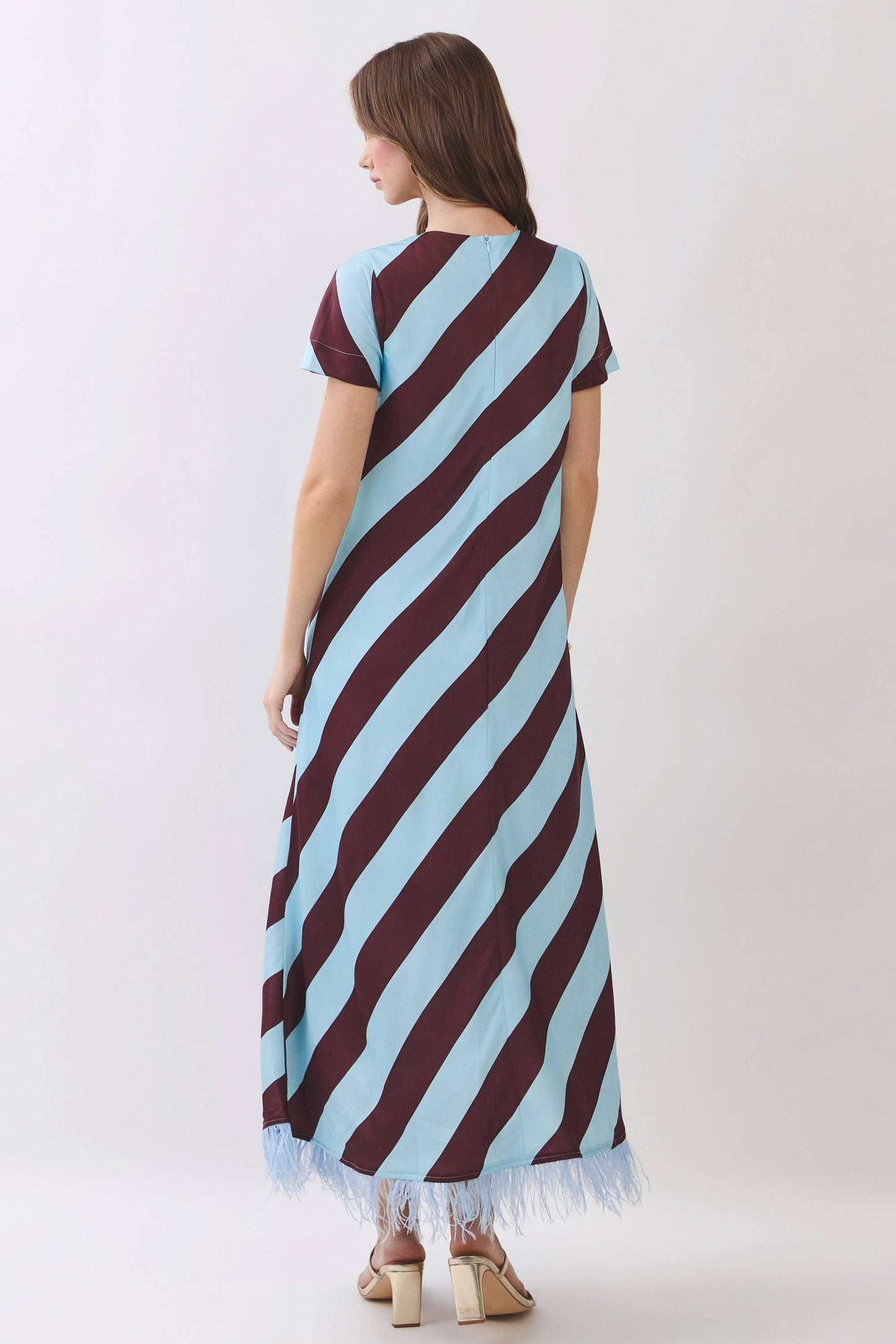 CD07188-Diagonal Stripe Feather Hem Maxi Dress
