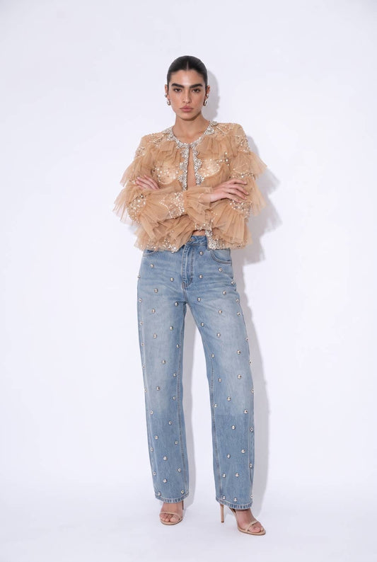 Embellished Tiered Ruffle Mesh Jacket