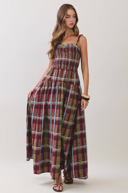 Plaid Smocked Tiered Maxi Dress
