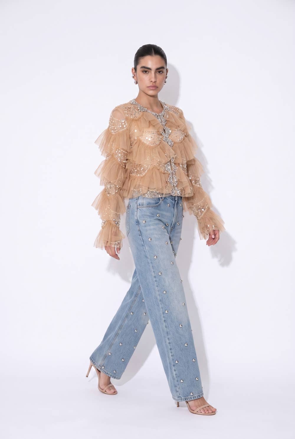 Embellished Tiered Ruffle Mesh Jacket