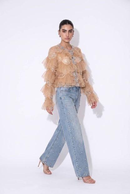 Embellished Tiered Ruffle Mesh Jacket