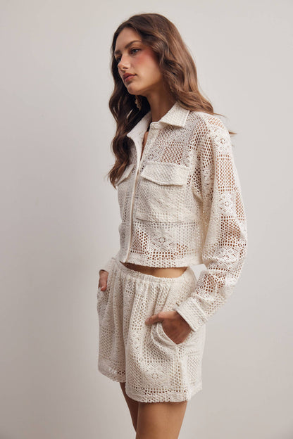 Crochet Lace Button-Front Pants Set FSET012