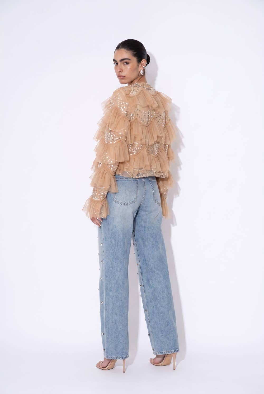 Embellished Tiered Ruffle Mesh Jacket