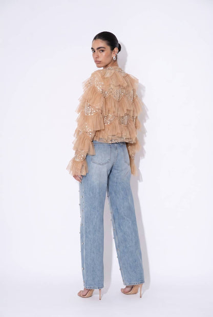 Embellished Tiered Ruffle Mesh Jacket