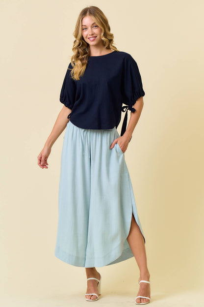 LINEN BLEND SLEEVE TIE DETAIL TOP