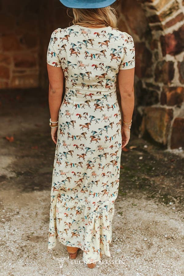 Cream Running Horse Printed Ruffle Hem Dress