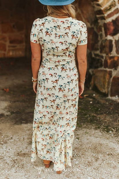 Cream Running Horse Printed Ruffle Hem Dress