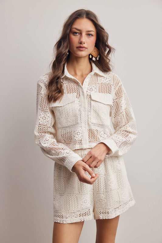 Crochet Lace Button-Front Pants Set FSET012