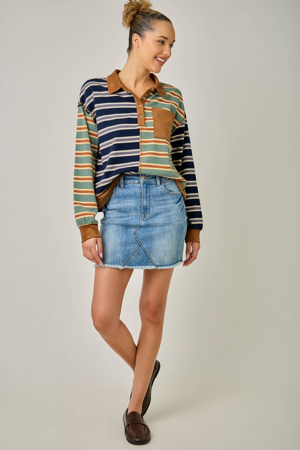 Mixed Stripe Suede Accent Polo Pullover