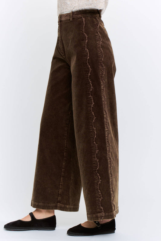Brown Wide-Leg Corduroy High-Rise Scalloped Pants