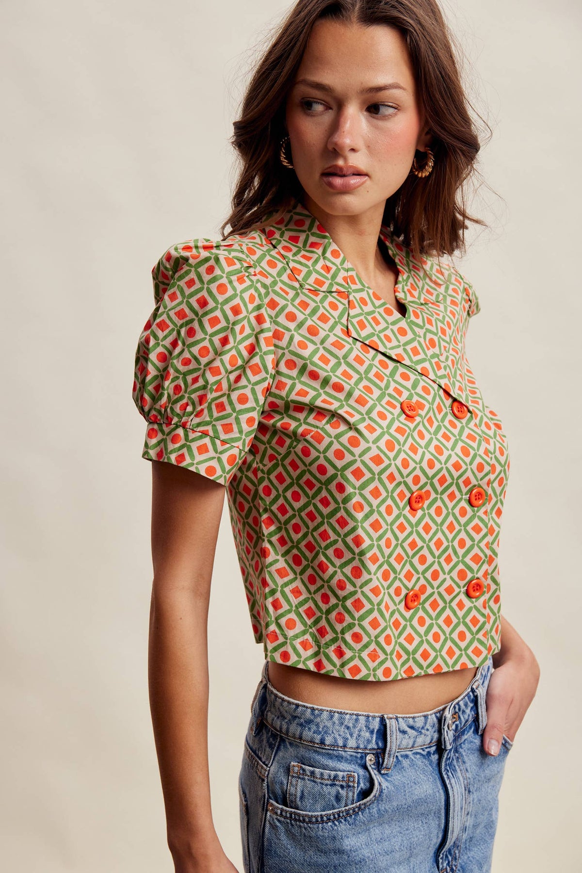 Geo Print Puff Sleeve Cropped Blazer
