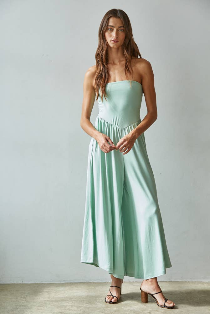 L9333 | Knit Polyester Spandex Tube Strapless Flare Jumpsuit