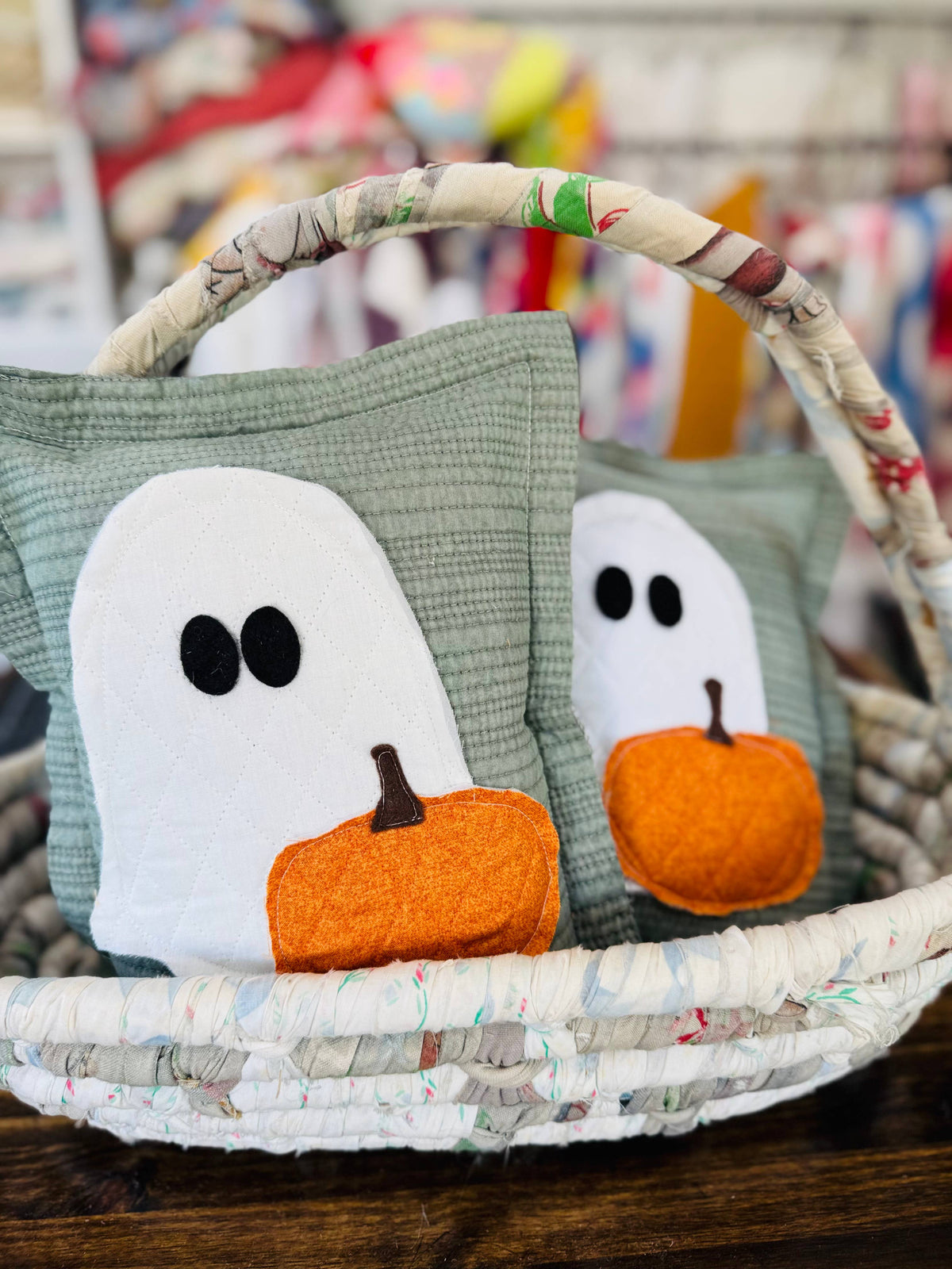 Reclaimed Fabric Ghost Pillow with Quilted Pumpkin – 9 x 12