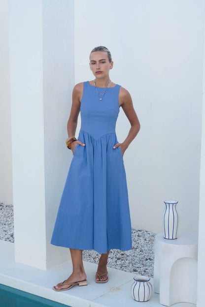 DDZ0602-28 | Blue Open Back Tie Midi Dress