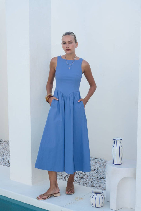 DDZ0602-28 | Blue Open Back Tie Midi Dress