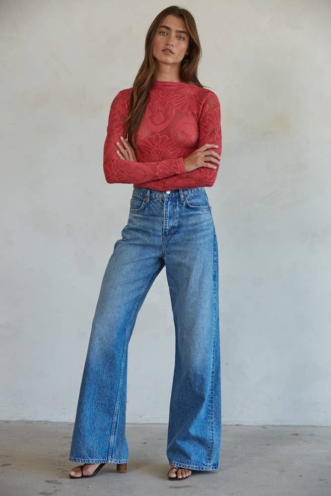 S1228 | Knit Seamless Jacquard Mock Neck Long Sleeve Top