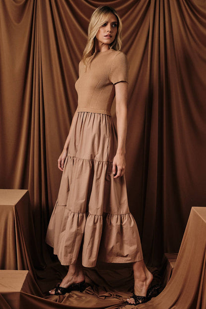 MOCK NECK SHORT SLEEVE KNIT & WOVEN MIX TIERED MIDI DRESS