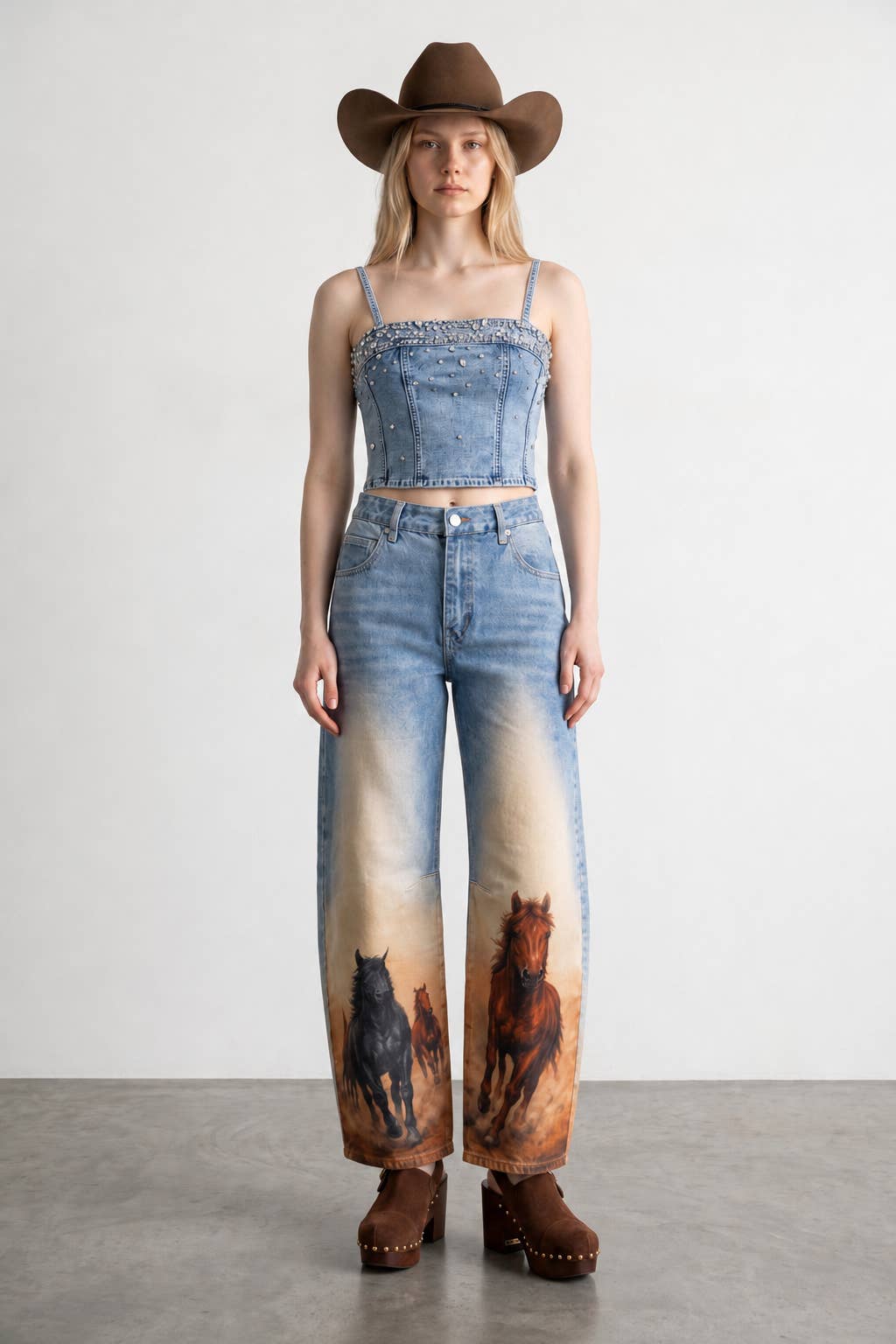 60213P Horse Printed Barrel Leg Denim Pants