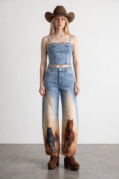 60213P Horse Printed Barrel Leg Denim Pants