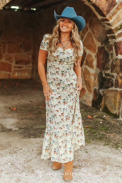 Cream Running Horse Printed Ruffle Hem Dress