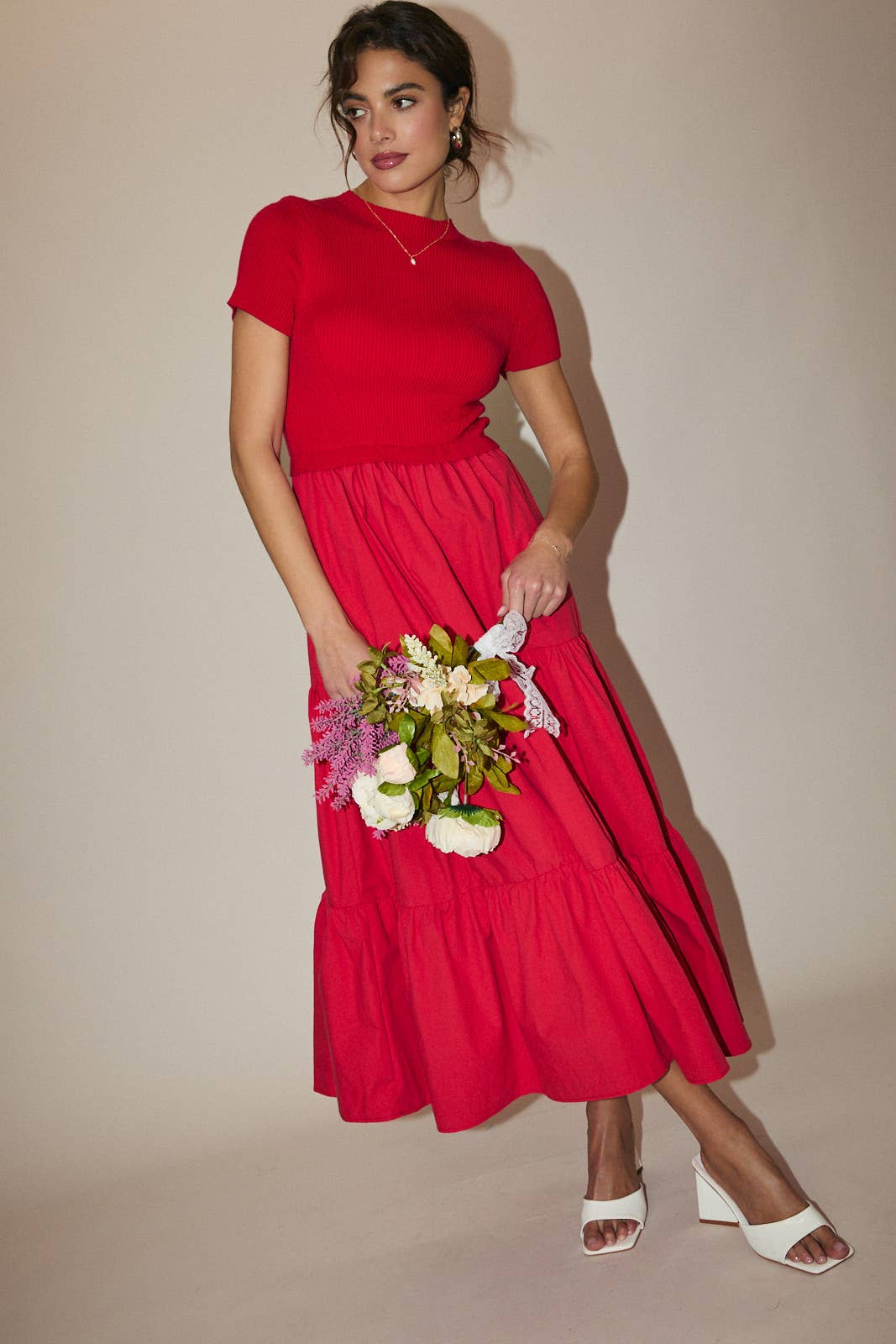 MOCK NECK SHORT SLEEVE KNIT & WOVEN MIX TIERED MIDI DRESS