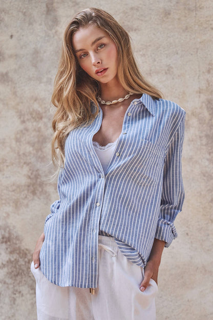 Coastal Chic Stripe Button Down Linen Shirt