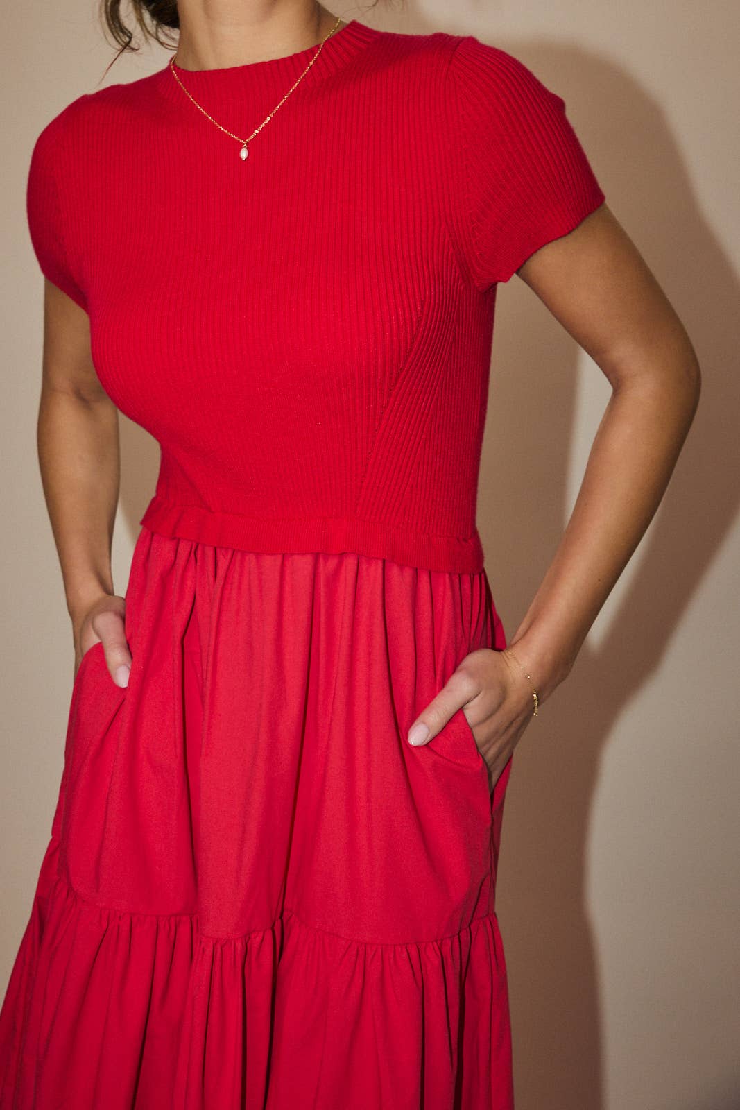 MOCK NECK SHORT SLEEVE KNIT & WOVEN MIX TIERED MIDI DRESS