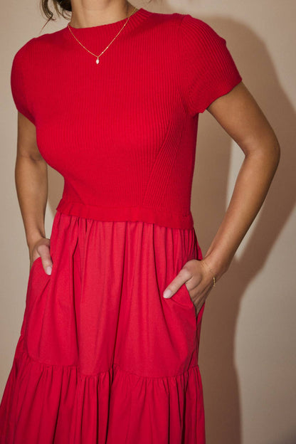 MOCK NECK SHORT SLEEVE KNIT & WOVEN MIX TIERED MIDI DRESS