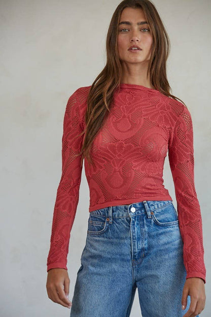 S1228 | Knit Seamless Jacquard Mock Neck Long Sleeve Top