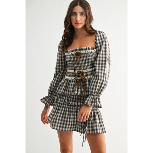 PLAID TWO-PIECE SET WITH SMOCKED TOP RUFFLED SKIRT