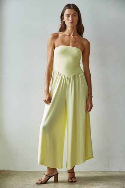 L9333 | Knit Polyester Spandex Tube Strapless Flare Jumpsuit