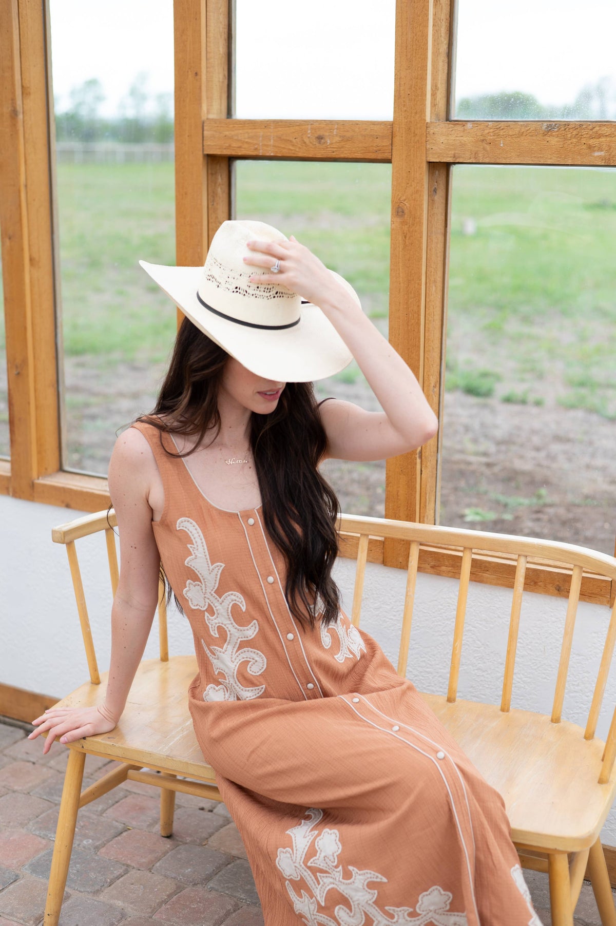 APRICOT DRESS with WESTERN STITCH APPLIQUE