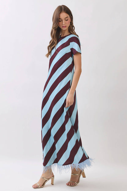 CD07188-Diagonal Stripe Feather Hem Maxi Dress