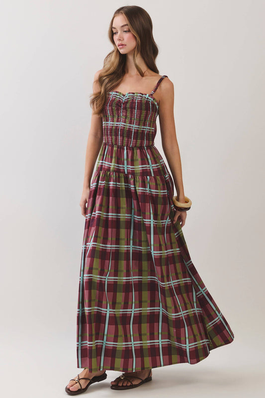 Plaid Smocked Tiered Maxi Dress